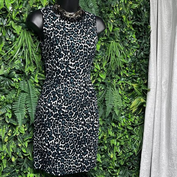 J CREW Dress Women 00 Black Green Leopard Pleated Sleeveless Sheath Career‎ 2665 - Picture 3 of 8